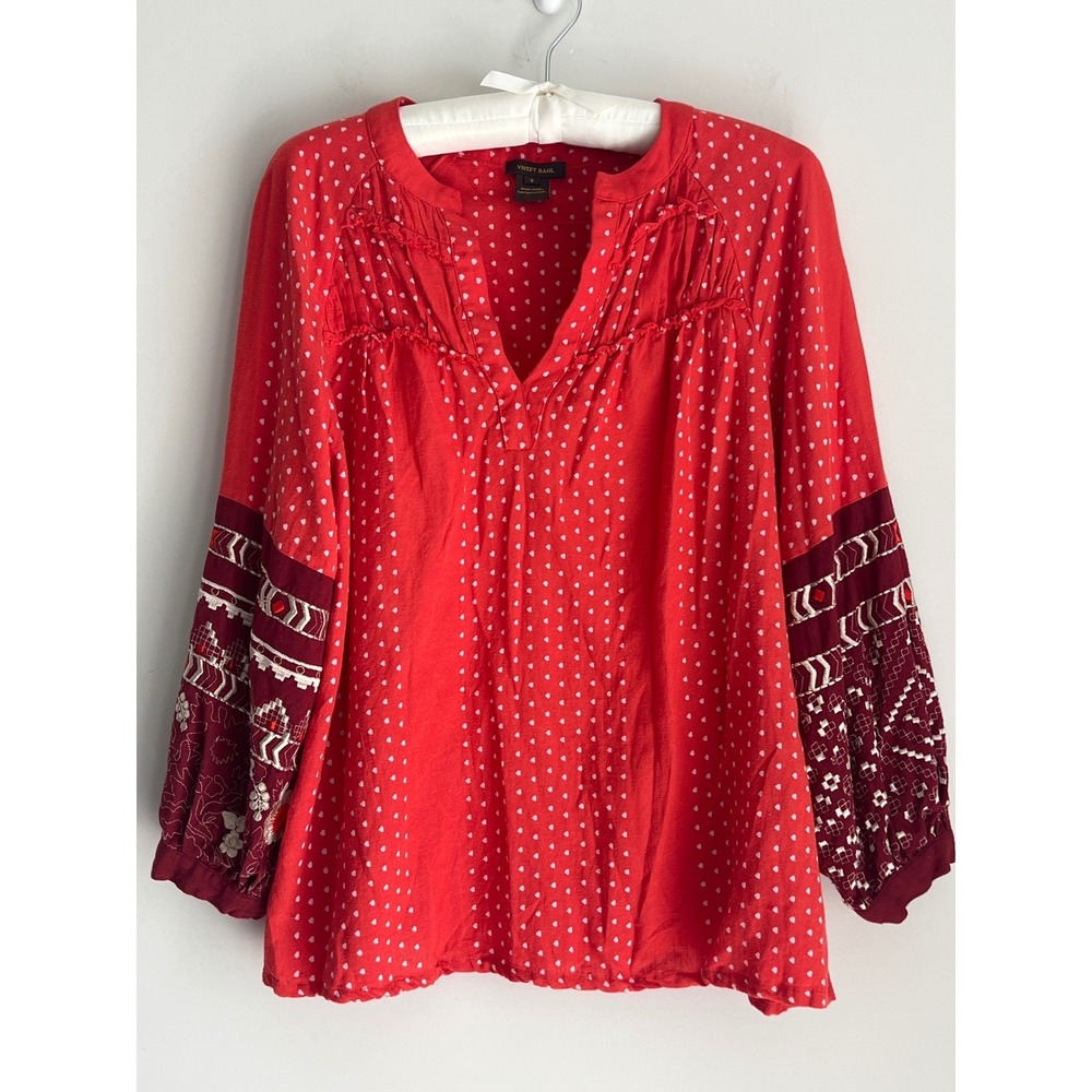Vineet Bahl Red Heart Print Embroidered Peasant Blouse Small Boho Balloon Sleeve